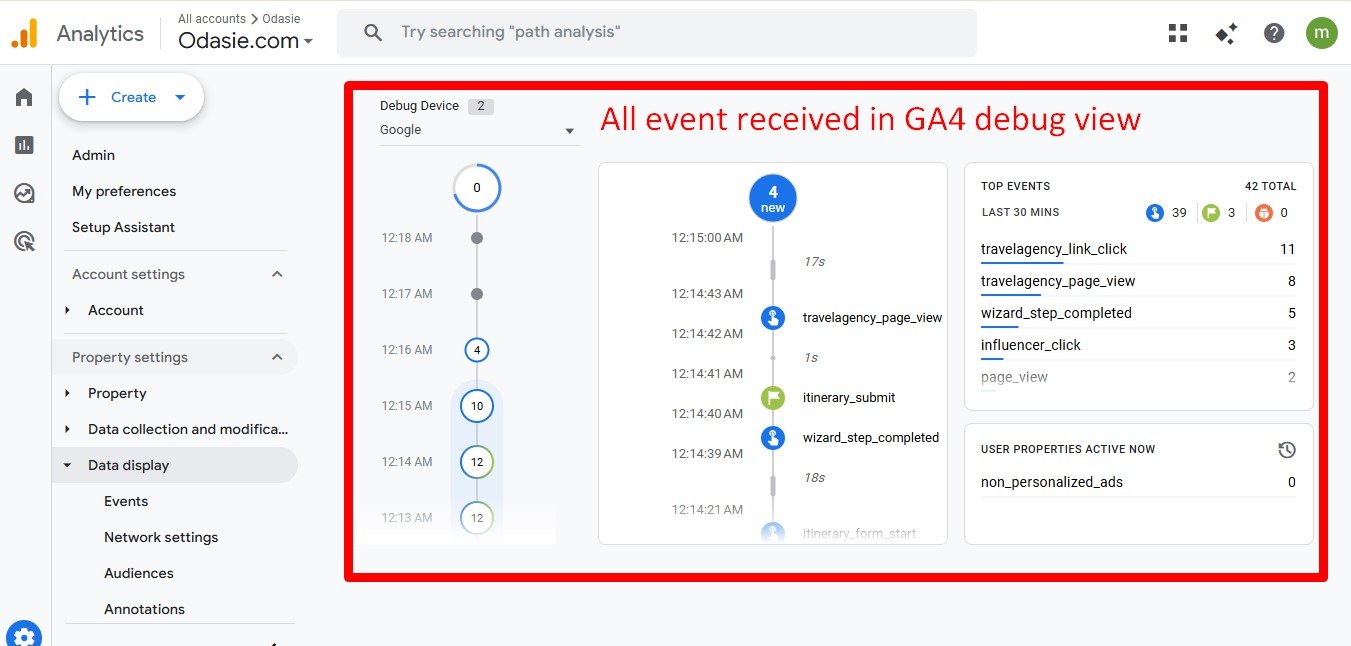 GA4 DebugView — live events received