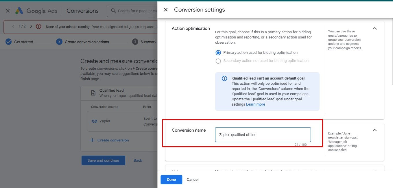 Step 1 — Create offline conversion action in Google Ads