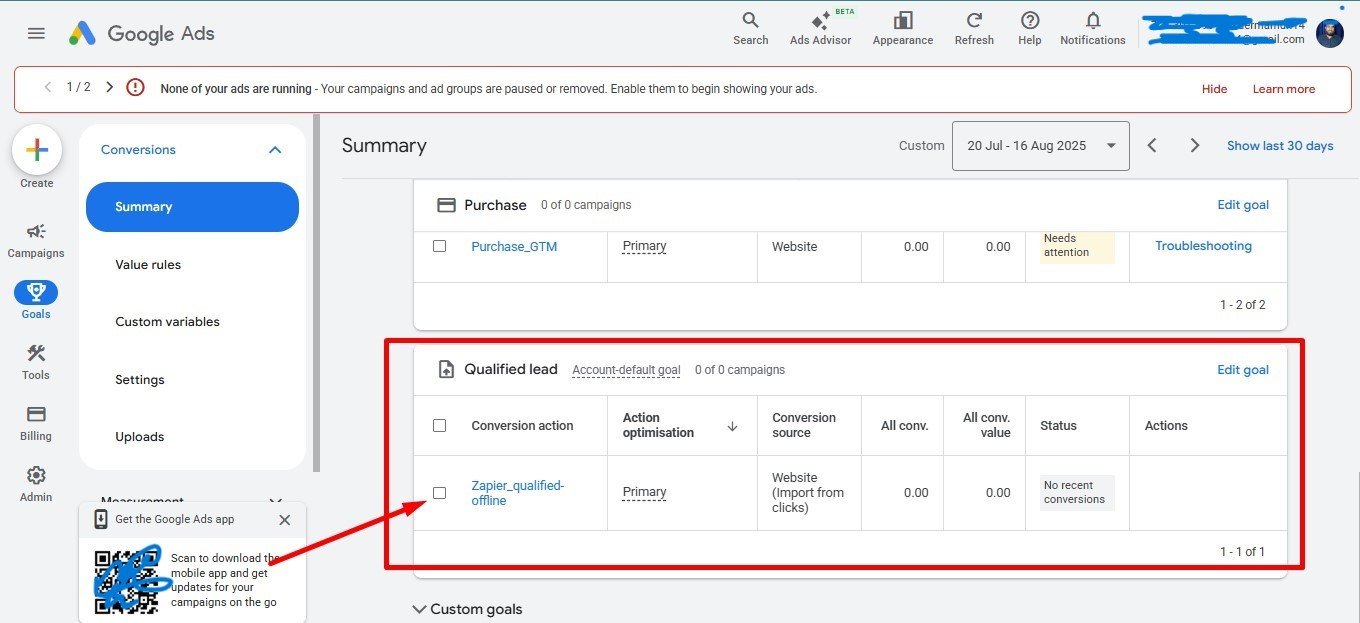 Step 5 — Conversion landed in Google Ads (Import from clicks)