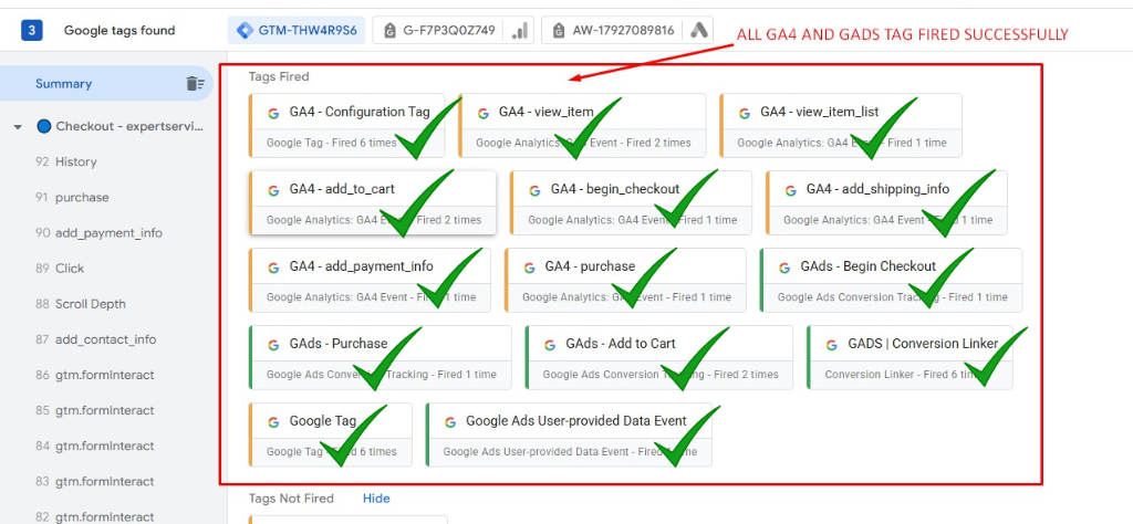 All GA4 & Google Ads tags fired successfully