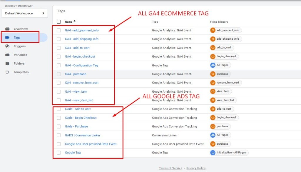All GA4 ecommerce & Google Ads tags in GTM