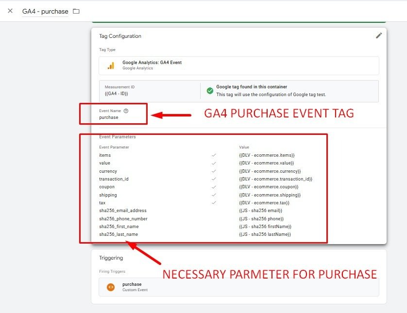 GA4 purchase tag — full parameter mapping