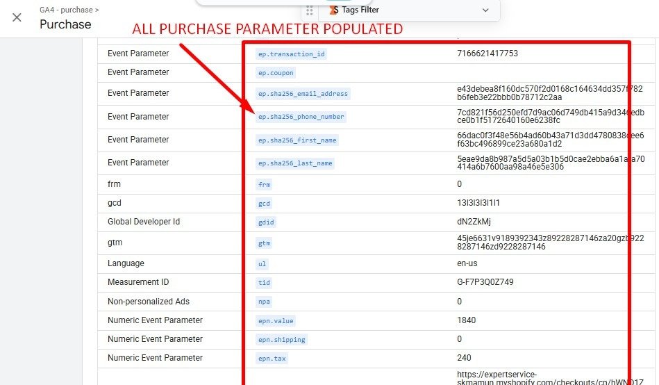 All purchase parameters populated in GA4
