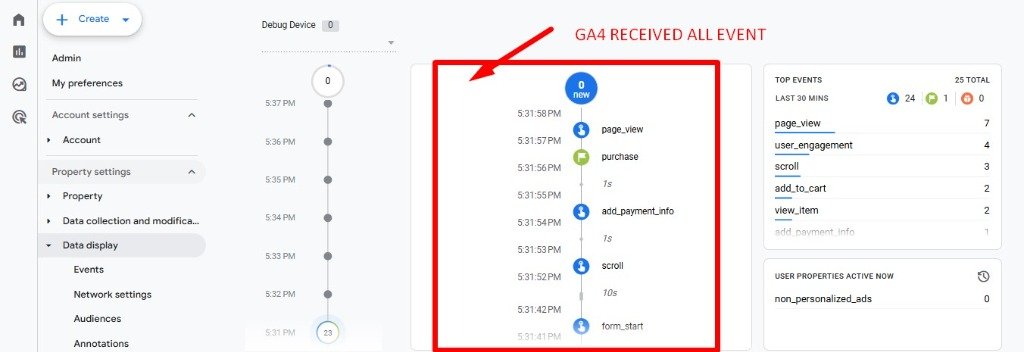 GA4 DebugView — all ecommerce events received