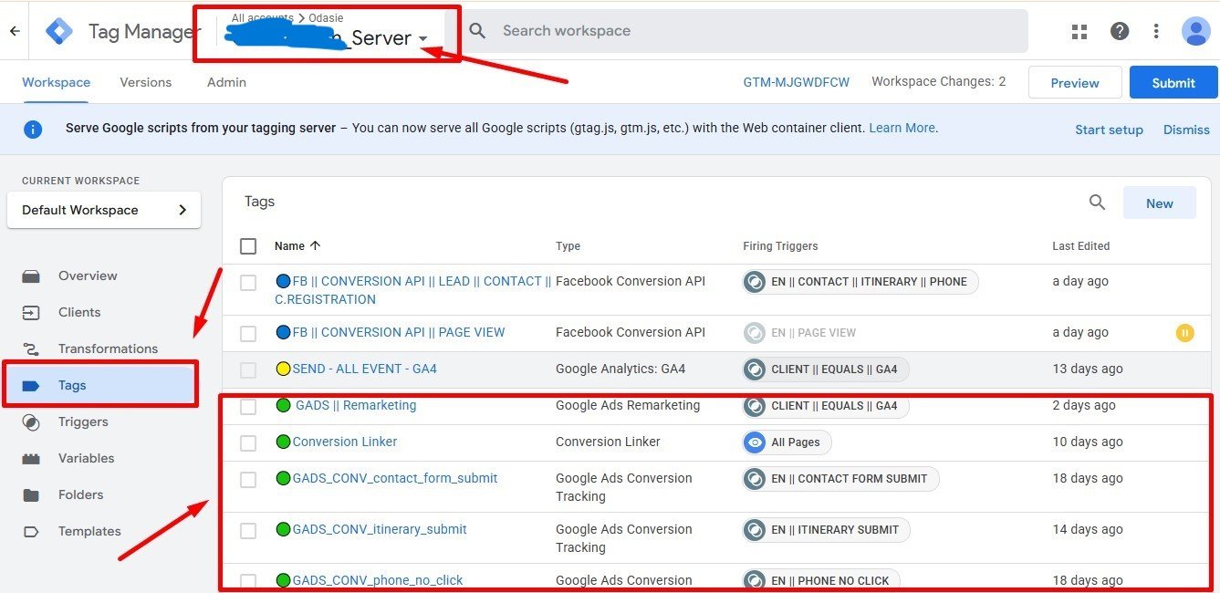 Server container — GAds, FB CAPI, GA4 tags